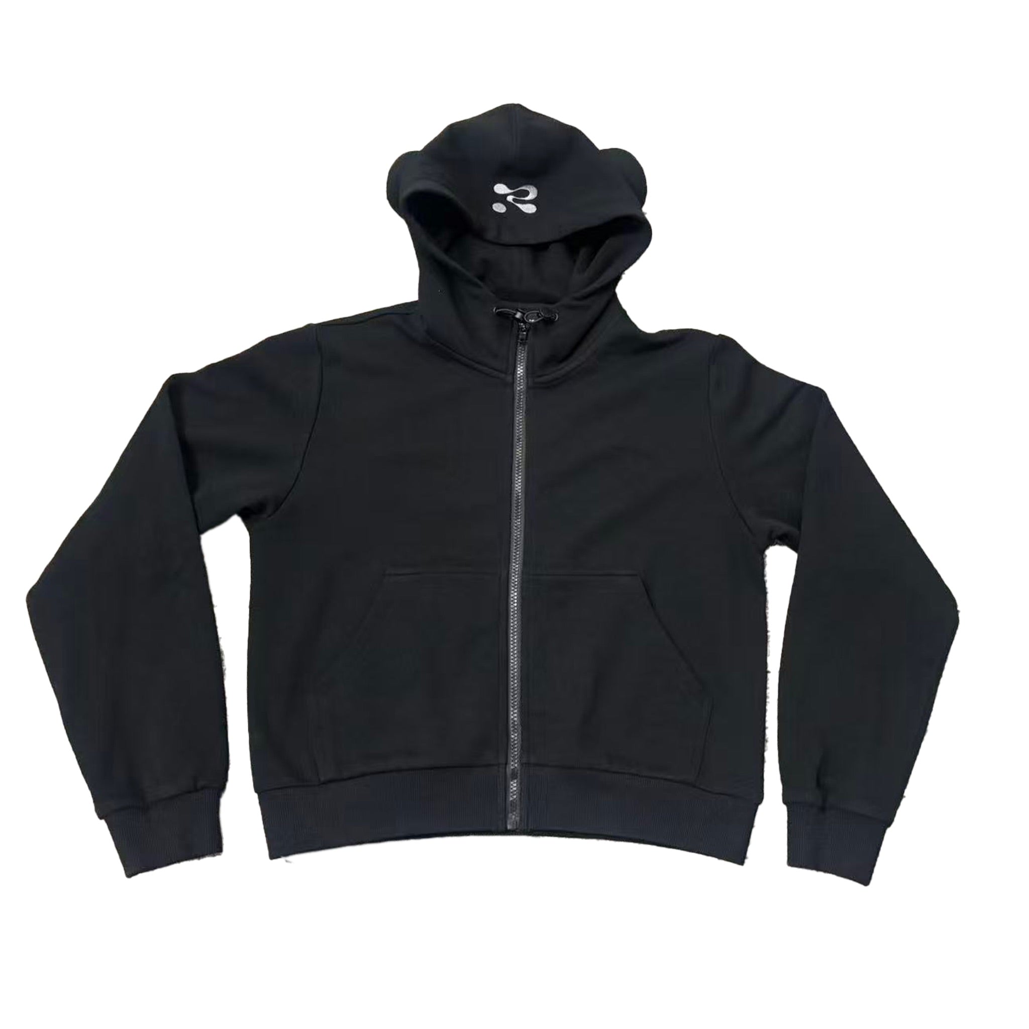 Black hoodie with a brand logo on a white background