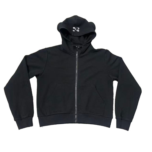 Black hoodie with a brand logo on a white background