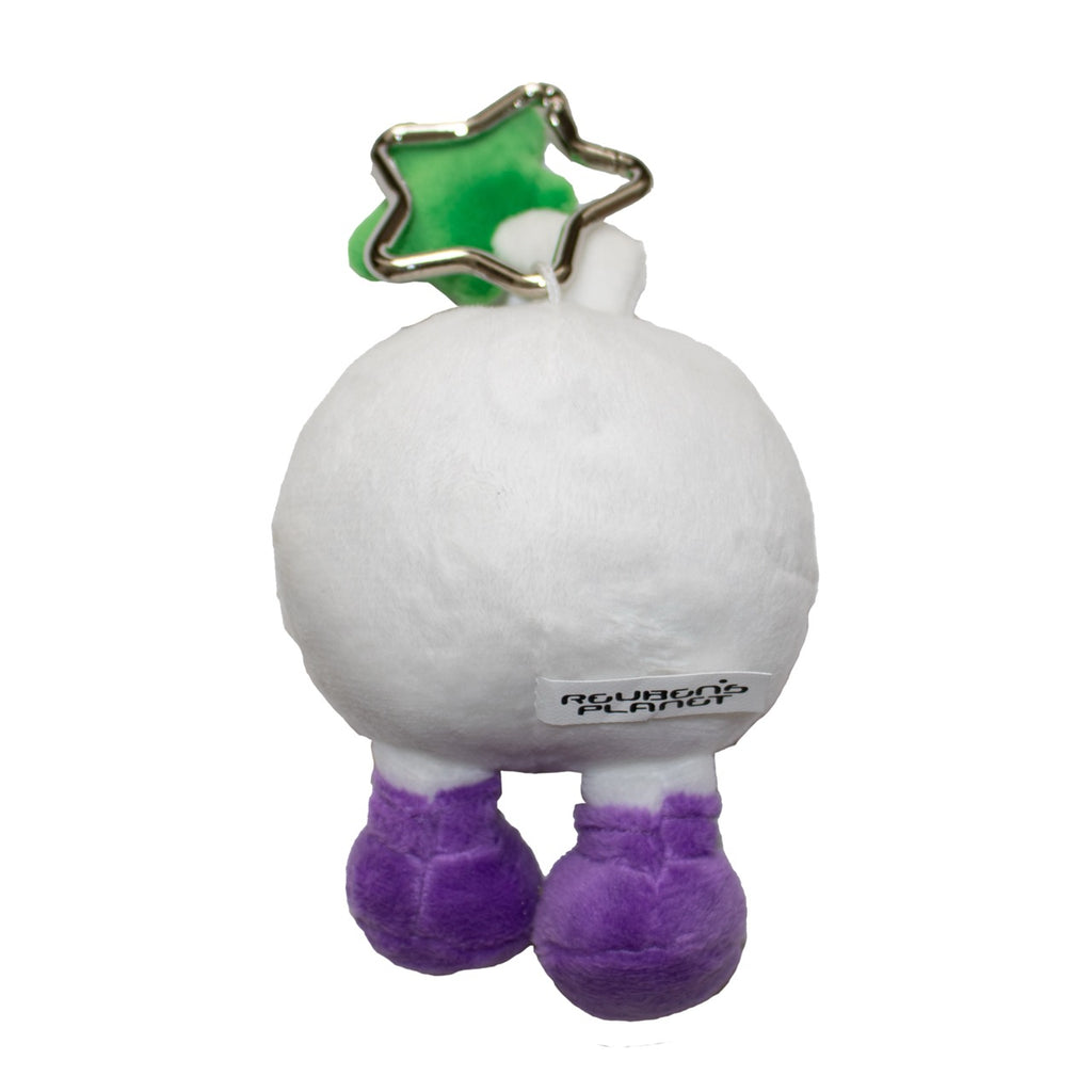 White plush toy with purple shoes and a green star on a white background