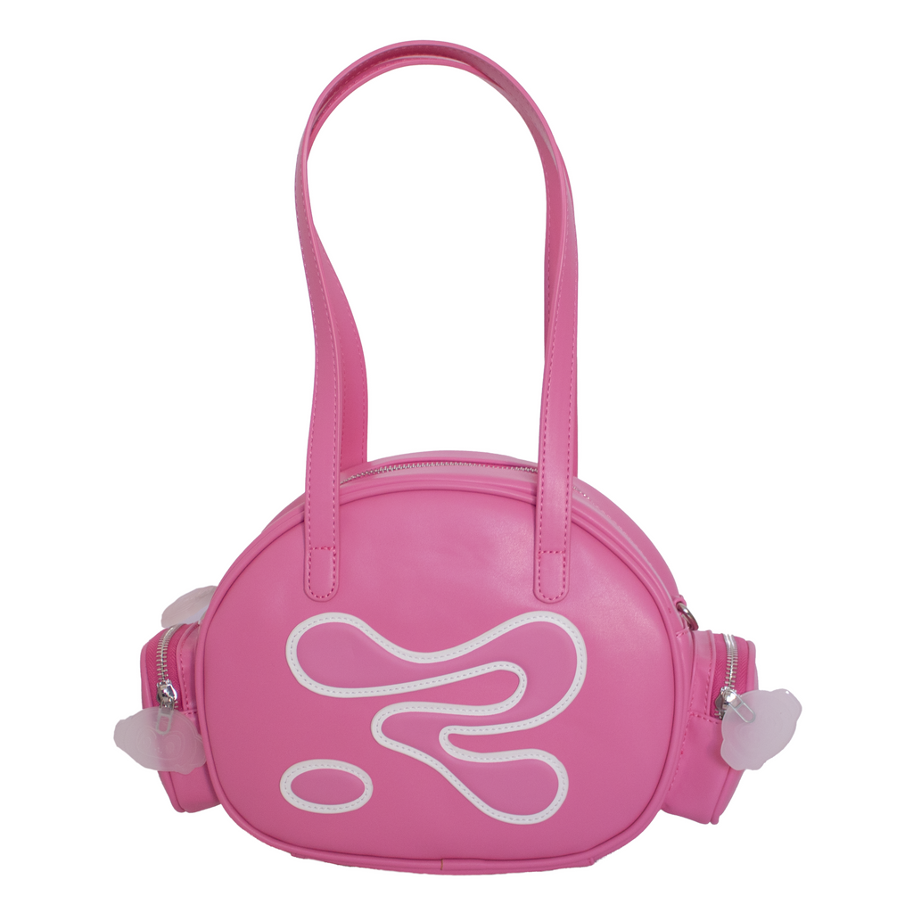 Pink handbag with a white logo on a white background