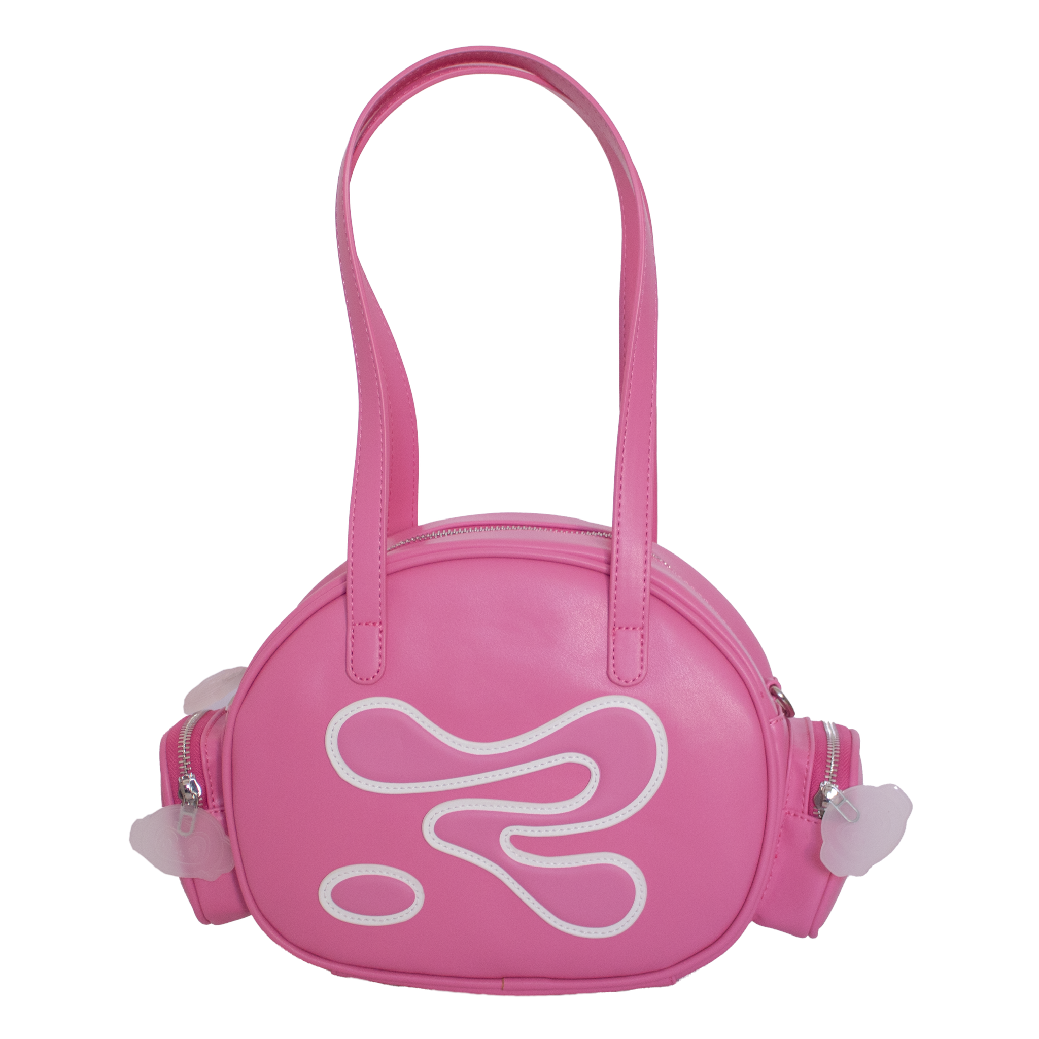 Pink handbag with a white logo on a white background