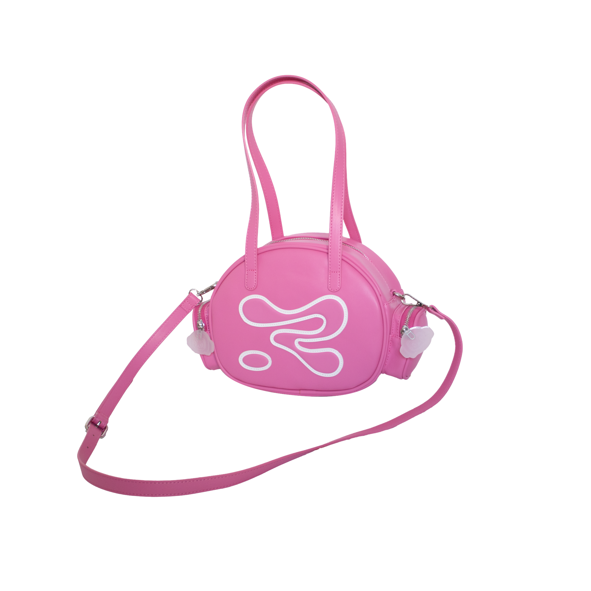 Pink round handbag with a strap on a white background