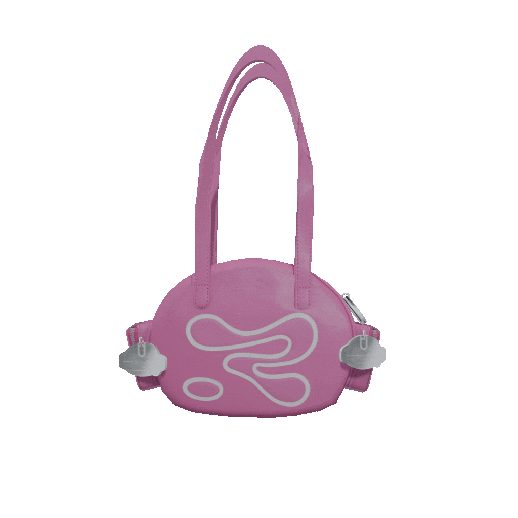 Pink handbag with a white logo on a white background