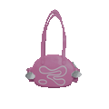 Pink handbag with a white logo on a white background