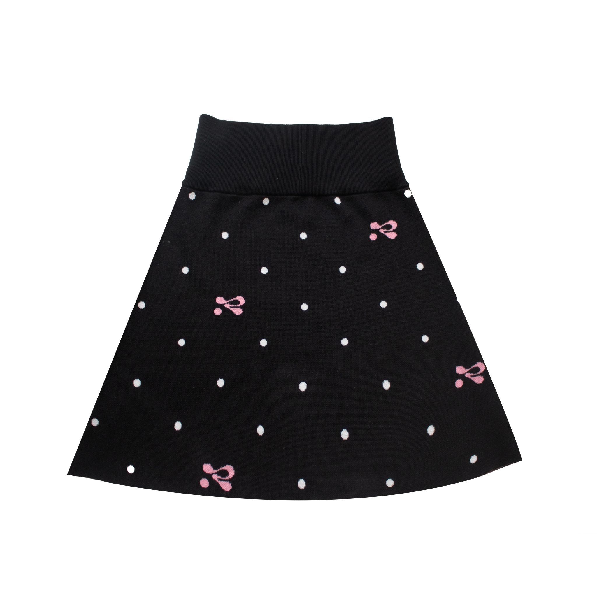 Black skirt with white polka dots and pink bows on a white background