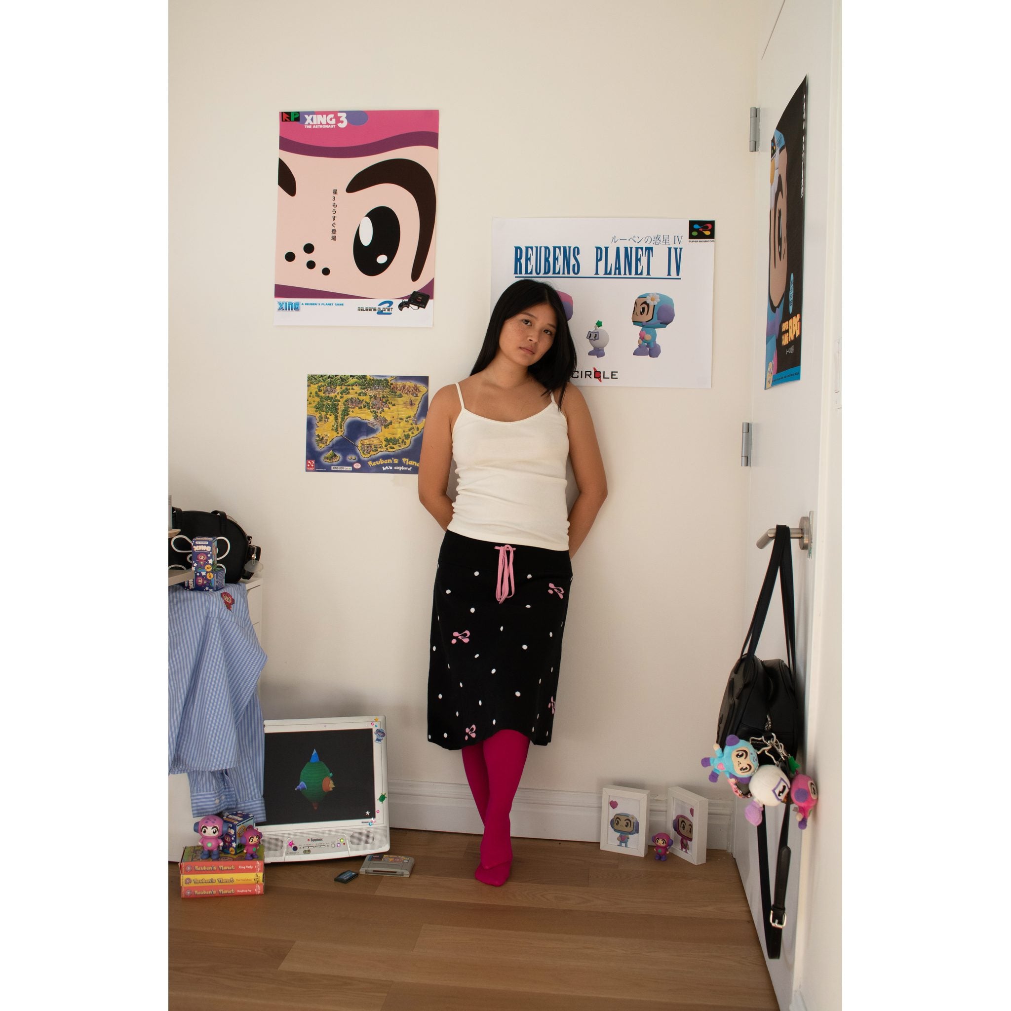 Model standing in Save Point Skirt.