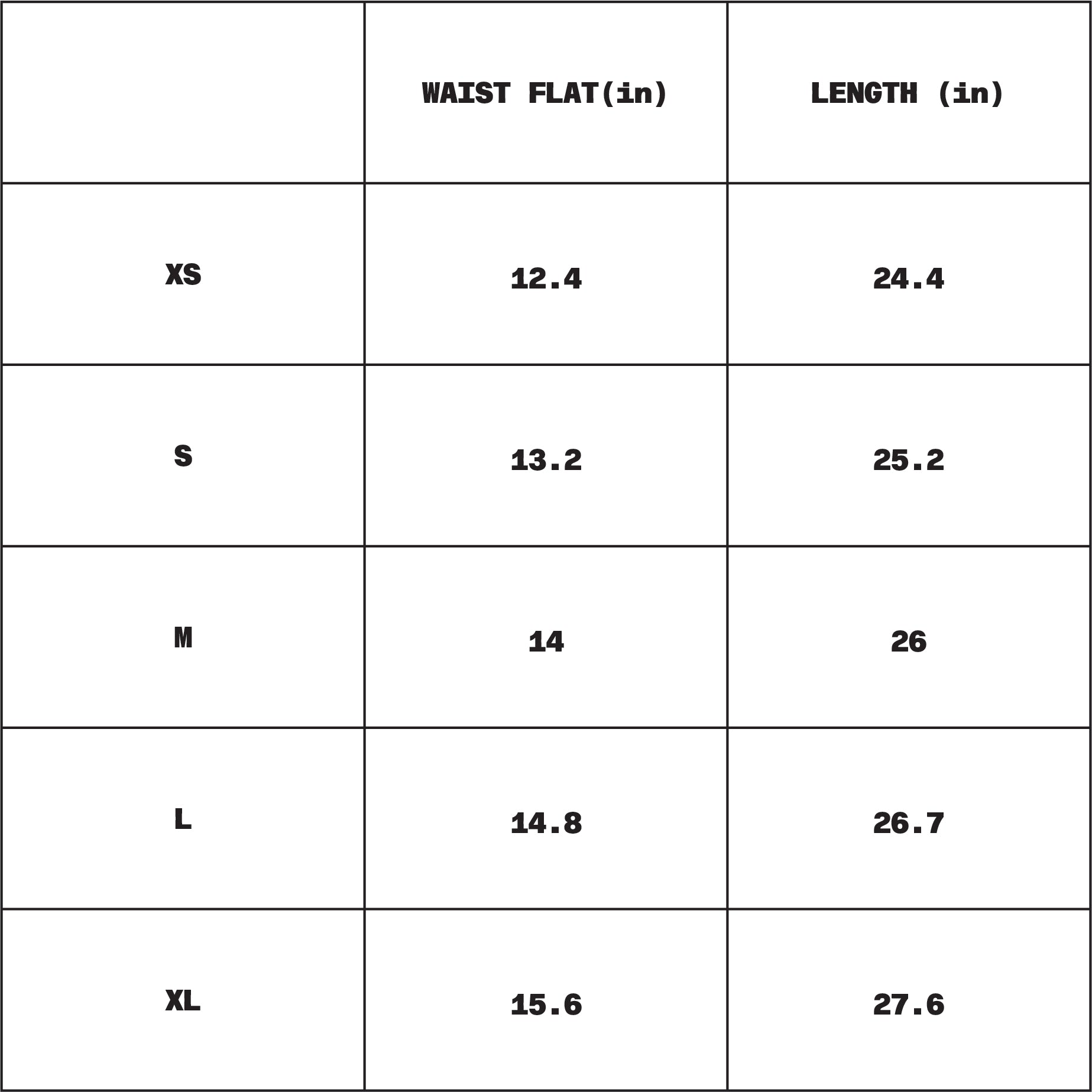 Measurement chart for waist size and length in inches