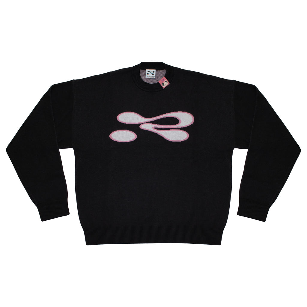 Black sweatshirt with a pink and white logo on a white background