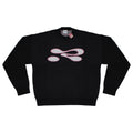 Black sweatshirt with a pink and white logo on a white background