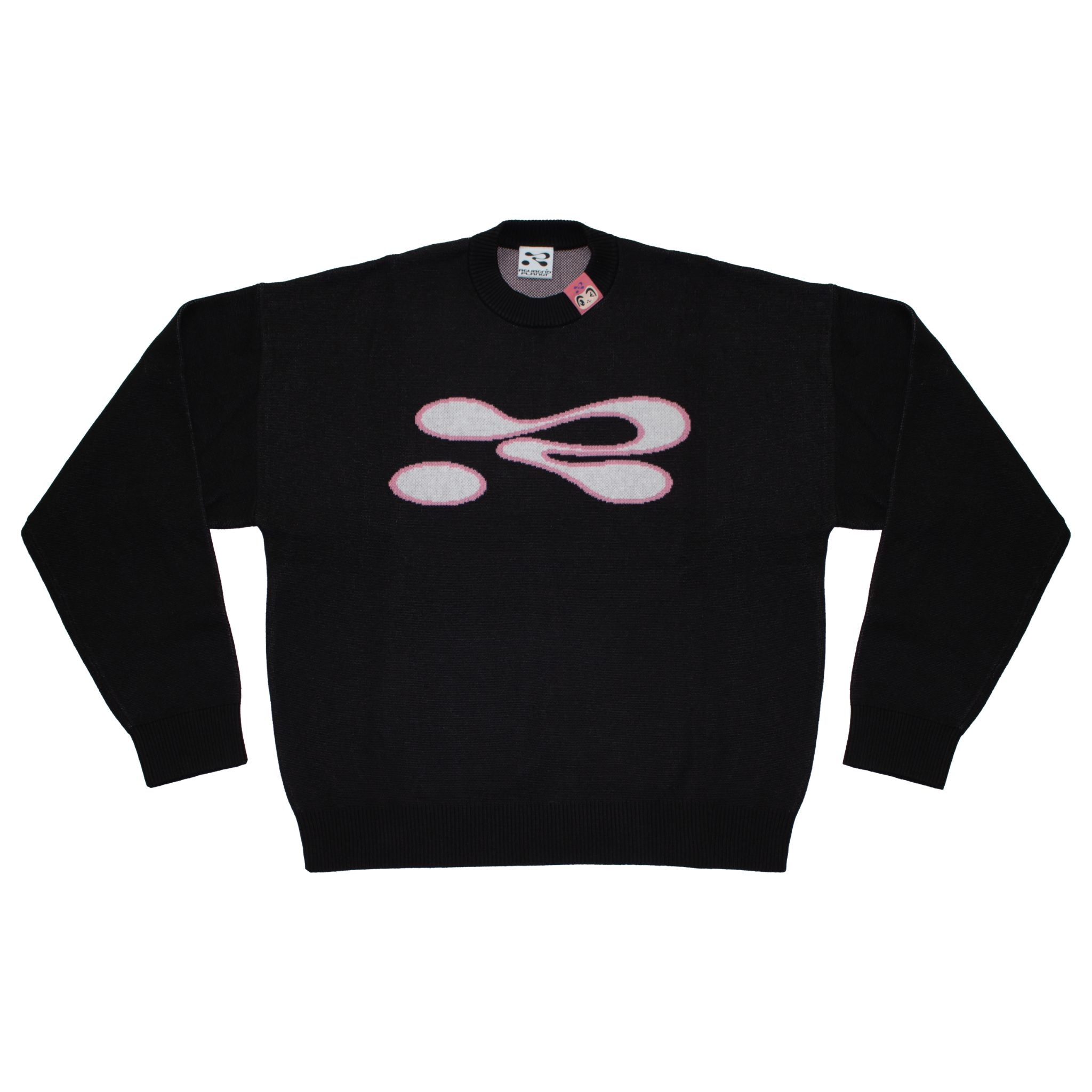 Black sweatshirt with a pink and white logo on a white background