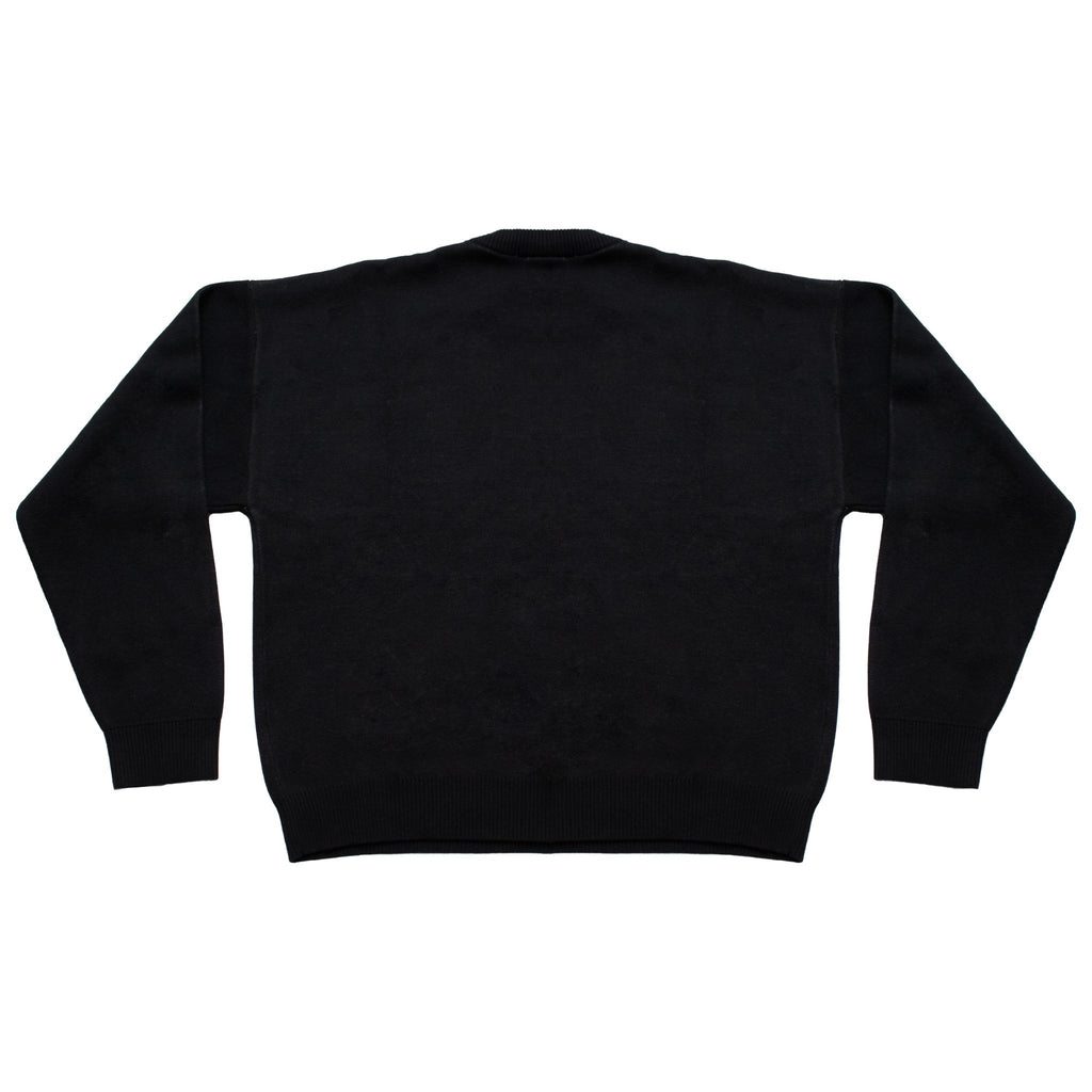 Black sweatshirt with a pink and white logo on a white background