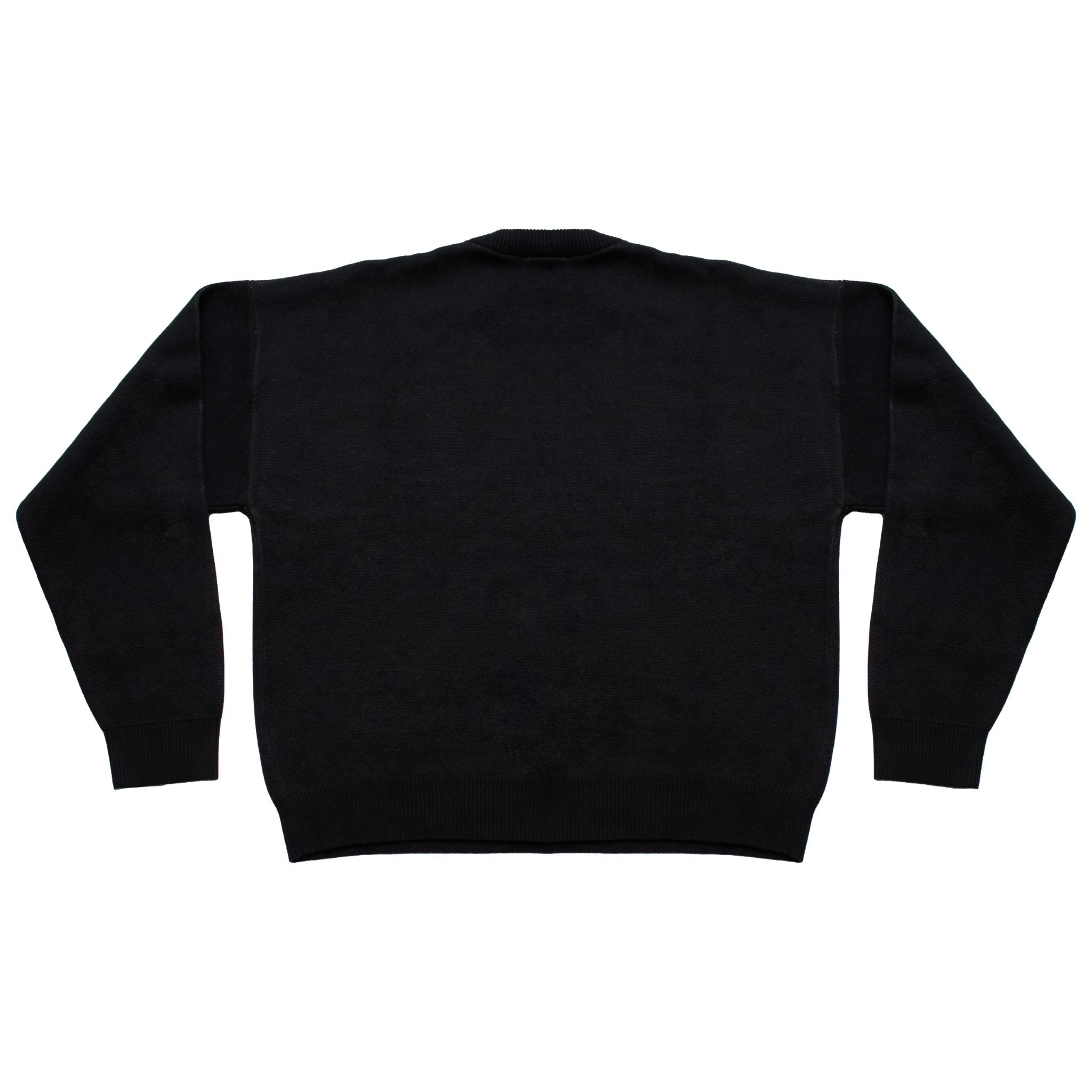 Black sweatshirt with a pink and white logo on a white background