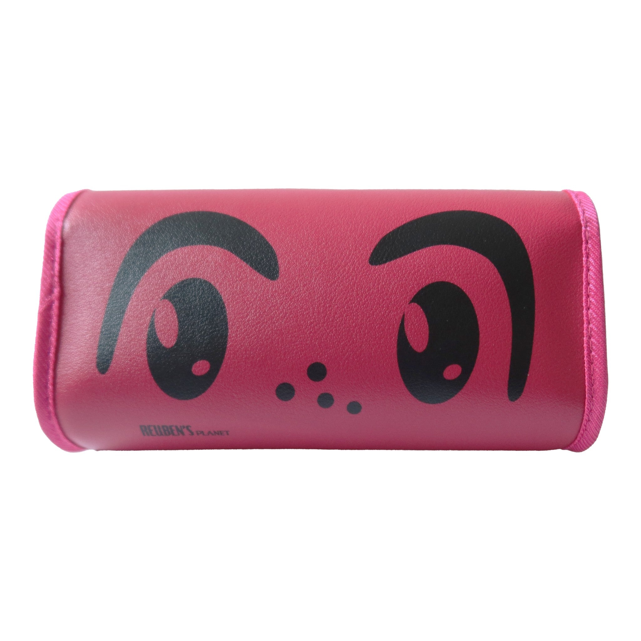 Pink pouch with cartoonish eyes and a mouth on a white background
