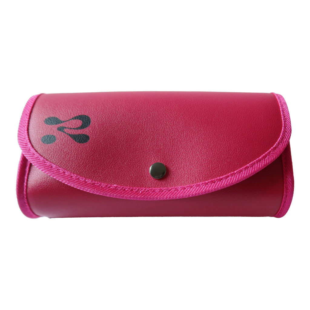 Pink eyeglass case with a logo on a white background
