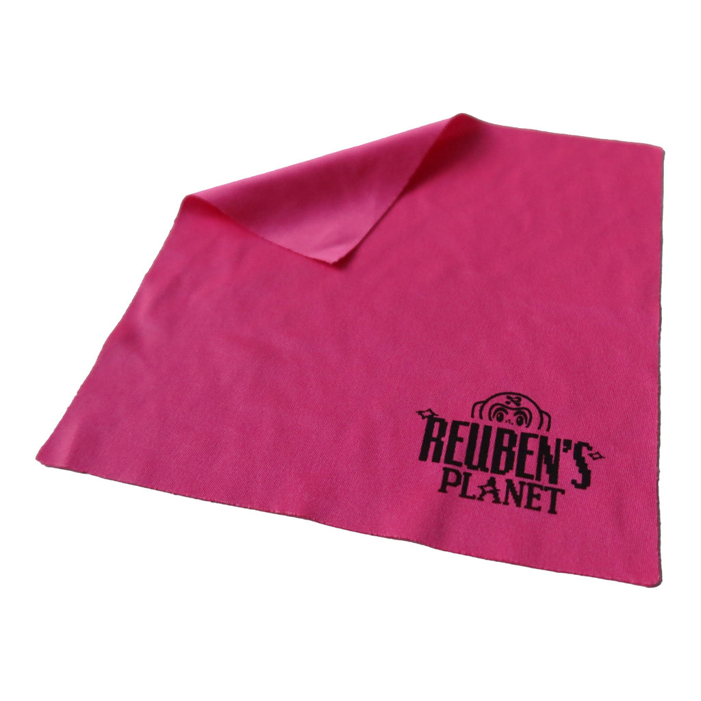 Pink lens wipe with 'Reuben's Planet' logo on a white background